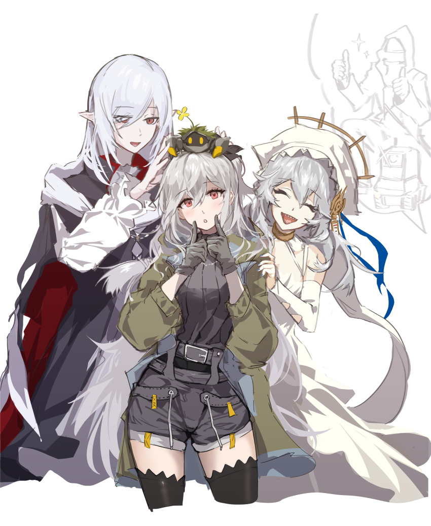 1other 3girls absurdres arknights black_gloves black_jacket black_thighhighs blush closed_eyes commentary_request creature_on_head cropped_legs doctor_(arknights) dress gladiia_(arknights) gladiia_(return)_(arknights) gloves green_jacket grey_hair hair_over_one_eye hand_on_another's_head hand_on_another's_shoulder highres jacket long_hair looking_at_viewer metal_crab_(arknights) multiple_girls official_alternate_costume open_mouth pointy_ears red_eyes sharp_teeth shirt skadi_(arknights) skadi_(the_next_afternoon_tea)_(arknights) smile specter_(arknights) specter_the_unchained_(arknights) specter_the_unchained_(born_as_one)_(arknights) teeth thighhighs thumbs_up utsuke white_dress white_shirt