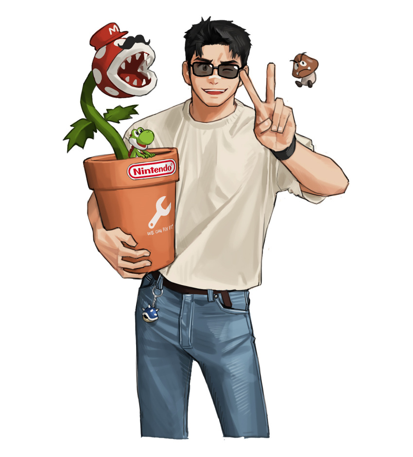 1boy black_bra black_hair blue_pants blue_shell_(mario) bra cosplay denim facial_hair goomba highres jeans male_focus mario mario_(cosplay) mario_(series) mario_hat mustache one_eye_closed original pants piranha_plant plant potted_plant rinotuna shirt short_hair short_sleeves simple_background sunglasses underwear v white_background white_shirt yoshi