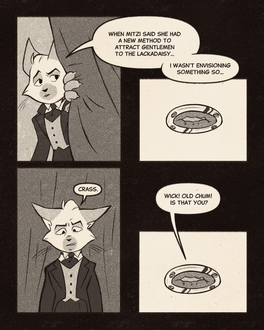 anthro black_and_white clothing comic curtains dialogue domestic_cat duo felid feline felis glory_hole hi_res lackadaisy male male/male mammal monochrome rocky_rickaby sedgewick_sable sexylinguini speech_bubble suit webcomic