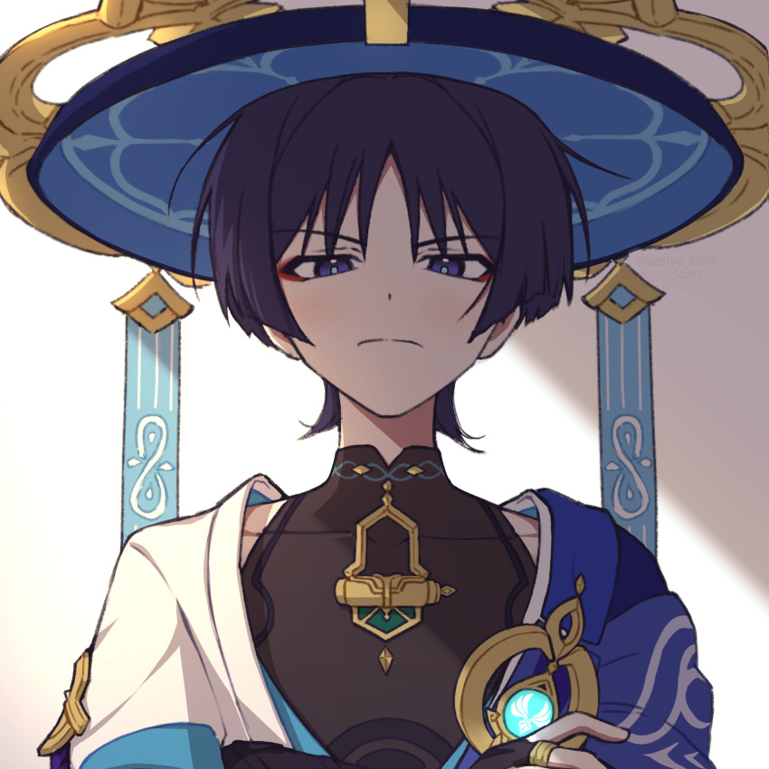 1boy black_gloves black_shirt blue_cape blue_gemstone blue_headwear blue_vest blunt_ends blush cape closed_mouth collarbone covered_collarbone crossed_arms eyeshadow fingerless_gloves gem genshin_impact gloves gold_trim hat highres ice_s_s_z jewelry jingasa leaf looking_at_viewer makeup male_focus mandarin_collar open_clothes open_vest parted_bangs pom_pom_(clothes) purple_eyes purple_hair red_eyeshadow ring scaramouche_(genshin_impact) shadow shirt short_hair short_sleeves simple_background sleeveless sleeveless_shirt solo two-tone_vest upper_body v-shaped_eyebrows vest vision_(genshin_impact) wanderer_(genshin_impact) white_background white_vest