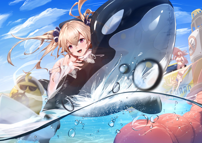 3girls :d absurdres anchorage_(azur_lane) anchorage_(dolphins_and_swim_lessons)_(azur_lane) ass azur_lane bare_shoulders bikini bird blue_eyes blue_sailor_collar blue_sky breasts brown_hair chick cleavage cloud collarbone commentary_request crossed_bangs day green_eyes hair_between_eyes hair_ribbon hand_on_own_hip hand_up hat highres hornet_(azur_lane) hornet_ii_(azur_lane) hornet_ii_(racing_across_the_waves)_(azur_lane) inflatable_orca inflatable_toy jacket jumping large_breasts light_brown_hair long_hair looking_at_viewer lying manjuu_(azur_lane) midorimae multiple_girls navel ocean official_alternate_costume on_stomach open_mouth outdoors parted_bangs partially_underwater_shot purple_eyes ribbon sailor_collar see-through see-through_jacket see-through_sleeves ship shirt sidelocks sky sleeveless sleeveless_shirt smile solo_focus standing string_bikini sun_hat swimsuit teeth twintails upper_teeth_only very_long_hair watercraft white_bikini white_hair white_shirt yorktown_(azur_lane) yorktown_ii_(azur_lane) yorktown_ii_(bright-sky_mermaid)_(azur_lane)