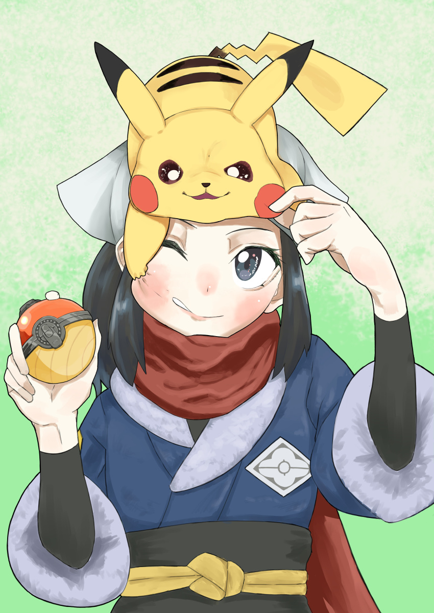 1girl absurdres akari_(pokemon) animal_on_head black_hair cheek_pull eyelashes galaxy_expedition_team_survey_corps_uniform green_background grey_eyes head_scarf highres holding holding_poke_ball kinnzokukoutaku medium_hair on_head one_eye_closed pikachu poke_ball poke_ball_(legends) pokemon pokemon_(creature) pokemon_(game) pokemon_legends:_arceus red_scarf scarf upper_body