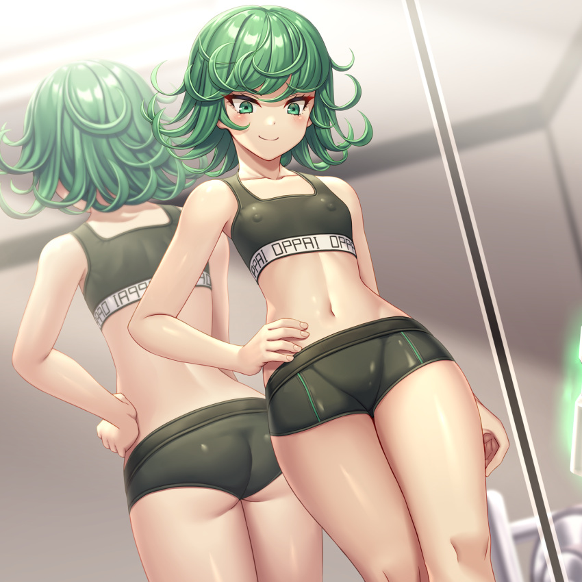 1girl asisuki black_shorts black_sports_bra blush breasts closed_mouth collarbone covered_nipples crop_top curly_hair green_eyes green_hair hand_on_own_hip highres mirror navel short_hair shorts small_breasts smile solo sports_bra standing tatsumaki