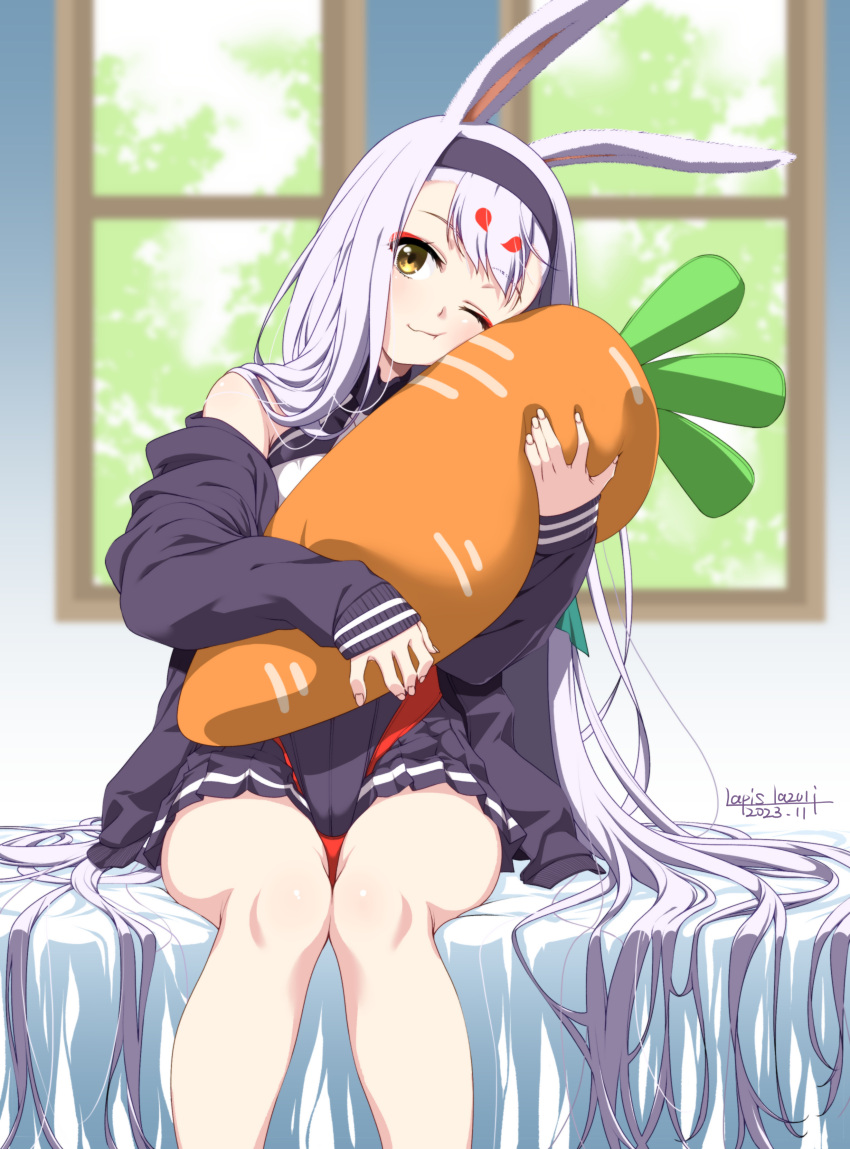 1girl absurdres animal_ears azur_lane bare_legs black_hairband black_jacket black_skirt blurry blurry_background closed_mouth commentary dated dated_commentary depth_of_field feet_out_of_frame hairband highres hugging_object jacket long_hair long_sleeves miniskirt one_eye_closed pleated_skirt rabbit_ears rabbit_girl shimakaze_(azur_lane) signature sitting skirt sleeves_past_wrists solo stuffed_carrot umyonge_(lkakeu) very_long_hair white_hair yellow_eyes