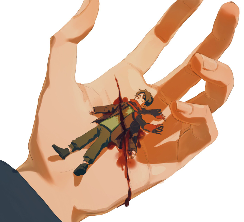 1boy bleeding blood brown_hair brown_jacket child closed_eyes cuts death eren_yeager fingernails from_above gaiyonghuyoudu141 green_pants green_shirt highres in_palm injury jacket long_sleeves mini_person miniboy out_of_frame pants pov pov_hands red_scarf scarf severed_torso shingeki_no_kyojin shirt shoes short_hair simple_background solo_focus symbolism white_background