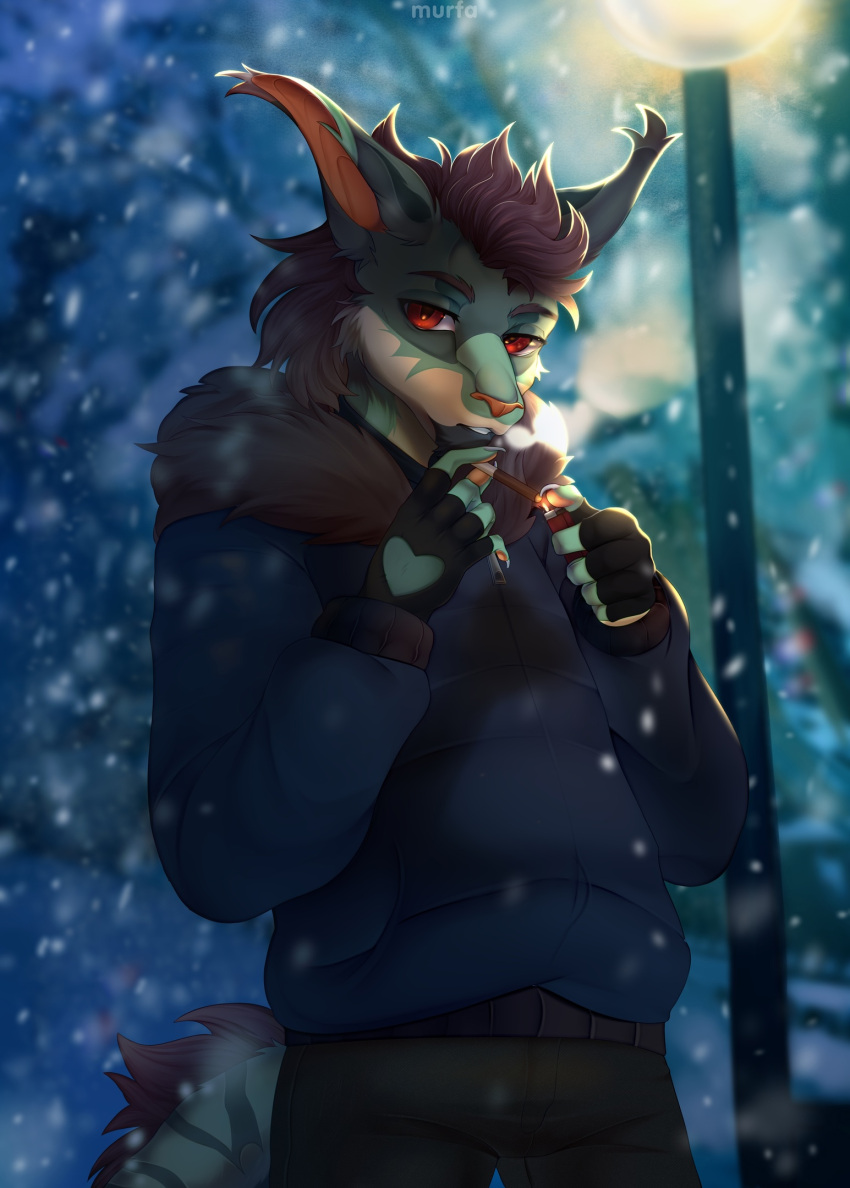 anthro background_smoke blue_background cigarette cigarette_holder cigarette_smoke clothing dragon eastern_dragon fingerless_gloves fur gloves green_body green_fur handwear hi_res invalid_background lighter male murfa red_eyes simple_background solo winter winter_clothing