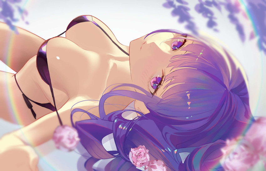 1girl absurdres bikini black_bikini blurry blurry_background blush breasts cherrymaru depth_of_field flower fringe_trim genshin_impact highres large_breasts long_hair looking_at_viewer lying md5_mismatch on_back parted_lips pink_flower pink_rose purple_eyes purple_hair raiden_shogun rose side-tie_bikini_bottom smile solo swimsuit upside-down wisteria