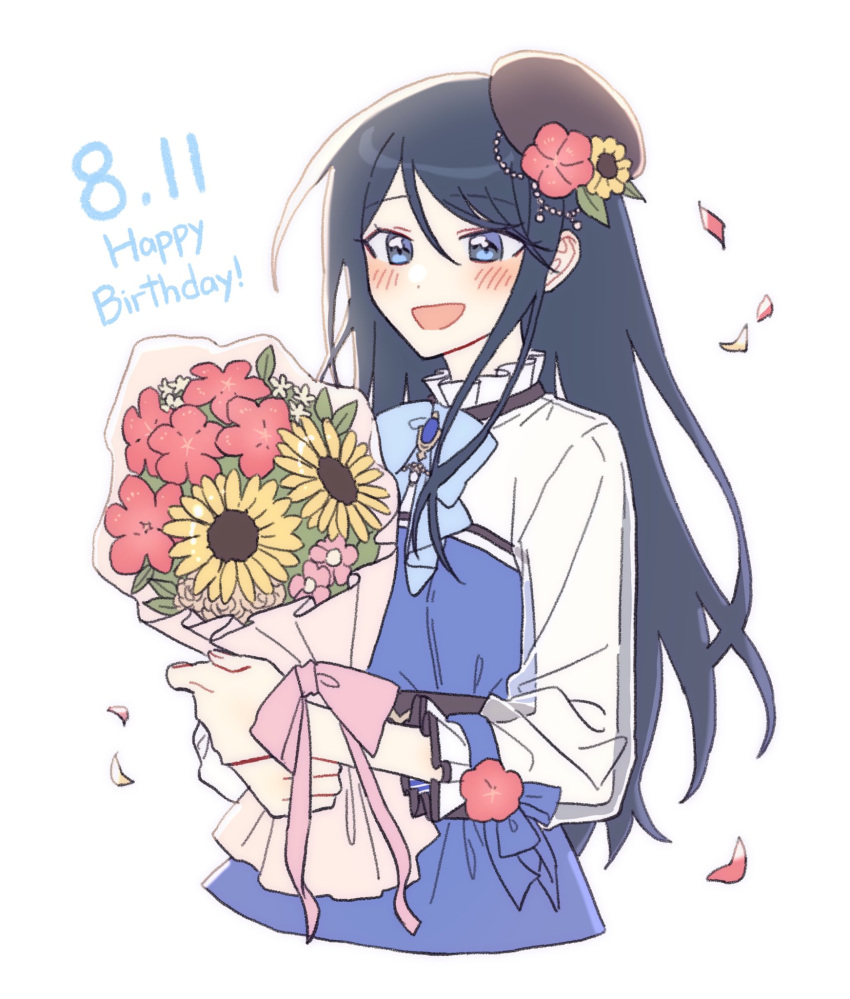 1girl black_hair blue_eyes blush bouquet bow brown_headwear cocov commentary_request cowboy_shot dated dot_nose flower happy_birthday highres holding holding_bouquet hoshino_ichika_(project_sekai) korean_commentary leaf long_hair long_sleeves open_mouth pink_bow pink_flower project_sekai simple_background smile solo sunflower white_background