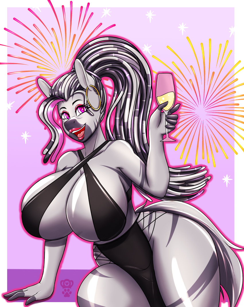 absurd_res alcohol beverage big_breasts breasts champagne champagne_flute cleavage clothed clothing cornrows dress ear_piercing equid equine eyeshadow fan_character fireworks hasbro hi_res lips lipstick lizza_(oc) makeup mammal my_little_pony piercing pink_eyeshadow pink_lips pink_lipstick purple_eyes queenkittyok solo stripes thick_thighs zebra