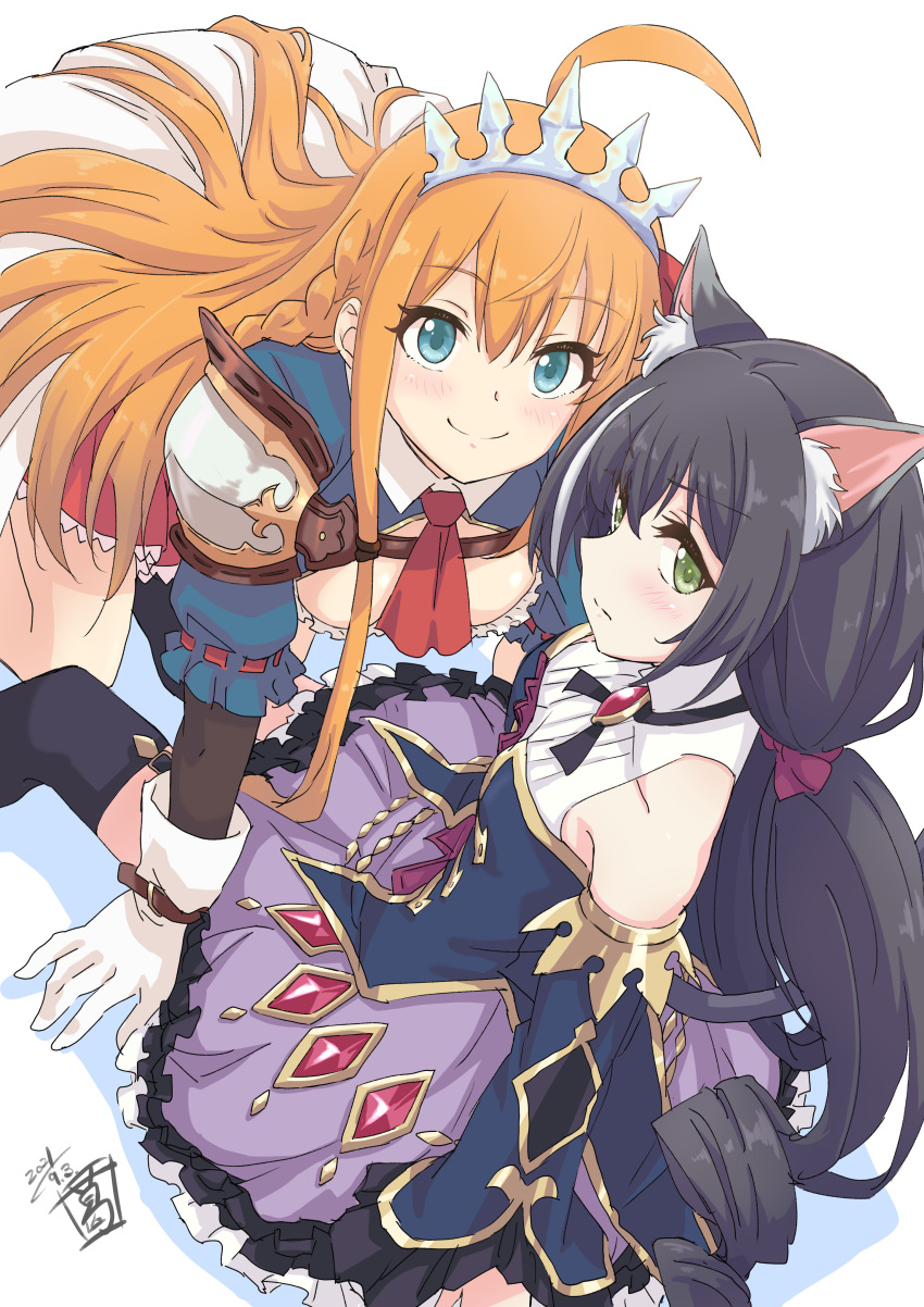 2girls absurdres ahoge all_fours animal_ear_fluff animal_ears aqua_eyes armor artist_logo ascot bare_shoulders black_hair black_thighhighs blue_shirt blush bodice breasts brooch cat_ears closed_mouth collared_shirt cross_tie dated detached_sleeves feet_out_of_frame green_eyes highres jewelry karyl_(princess_connect!) long_hair looking_at_viewer low_twintails multicolored_hair multiple_girls orange_hair pecorine_(princess_connect!) princess_connect! purple_skirt red_ascot red_skirt sekiya_kuzuyu shirt shoulder_armor sitting skirt sleeveless sleeveless_shirt small_breasts smile streaked_hair thighhighs tiara twintails white_shirt