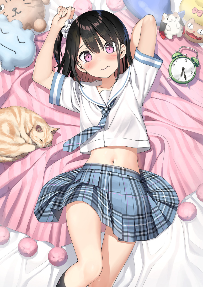 1girl 5_nenme_no_houkago animal arms_up bed blush cat clock hair_ornament highres kantoku looking_at_viewer miniskirt necktie on_bed pillow school_uniform serafuku shizuku_(kantoku) skirt sleeping