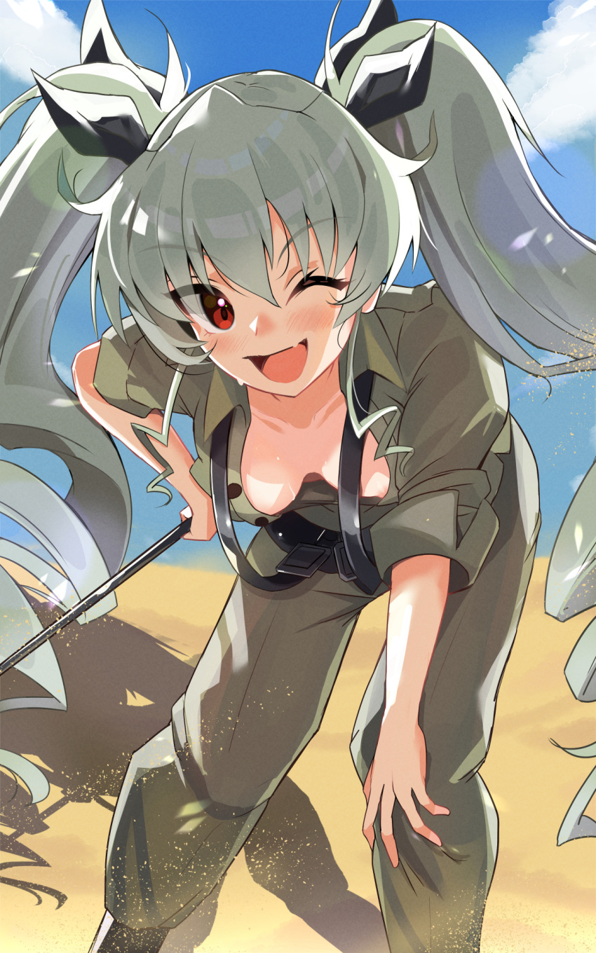 1girl adapted_uniform anchovy_(girls_und_panzer) anzio_military_uniform belt black_belt black_footwear black_ribbon blaze_(blazeillust) blue_sky blush boots breasts cloud collared_shirt commission day desert downblouse drill_hair fang girls_und_panzer green_hair grey_pants grey_shirt hair_ribbon hand_on_own_hip hand_on_own_knee highres holding holding_riding_crop horizon leaning_forward long_hair looking_at_viewer medium_breasts military military_uniform nipple_slip nipples no_bra one_eye_closed open_mouth outdoors pants partially_unbuttoned pixiv_commission red_eyes ribbon riding_crop sand shadow shirt skin_fang sky sleeves_rolled_up smile solo standing suspenders sweat twin_drills twintails uniform very_long_hair wing_collar