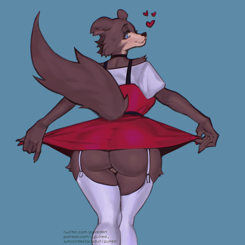 &lt;3 anthro barely_visible_genitalia barely_visible_pussy beastars big_butt blue_eyes brown_body brown_fur butt canid canine canis choker clothed clothing dress female fluffy fluffy_tail fur furgonomics garter_straps genitals hi_res jewelry juno_(beastars) legwear mammal necklace no_underwear presenting presenting_hindquarters pulred pussy raised_tail rear_view smile solo standing tail thigh_highs wolf