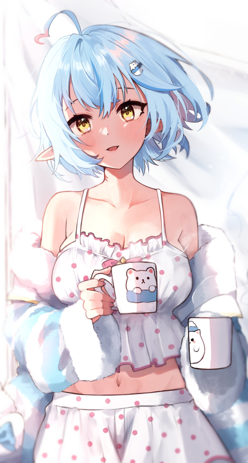 1girl :d absurdres ahoge blue_hair blush character_hair_ornament coffee_mug collarbone cup hair_ornament head_tilt highres holding holding_cup hololive looking_at_viewer mashiro_io mug navel off_shoulder pajamas pointy_ears polka_dot short_hair smile solo spaghetti_strap upper_body virtual_youtuber yellow_eyes yukihana_lamy yukihana_lamy_(4th_costume)