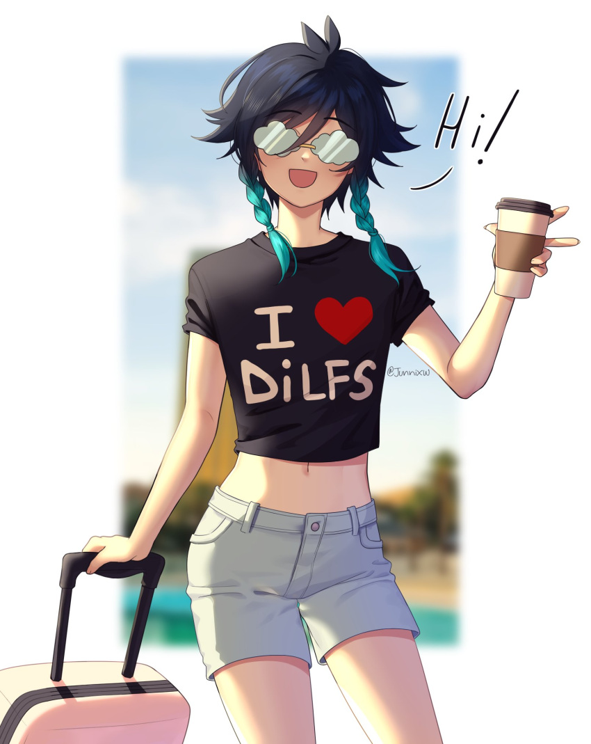 1boy annidrw aqua_hair bag black_hair black_shirt braid clothes_writing cloud-shaped_eyewear coffee_cup crop_top cup disposable_cup genshin_impact glasses gradient_hair highres holding holding_cup male_focus midriff multicolored_hair navel open_mouth otoko_no_ko shirt short_sleeves shorts smile solo stomach t-shirt twin_braids venti_(genshin_impact) white_shorts