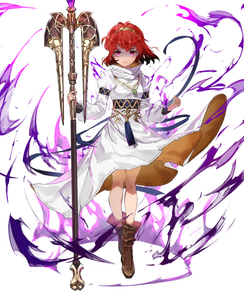 1girl ankle_boots aura boots dark_aura detached_sleeves dress fire_emblem fire_emblem:_mystery_of_the_emblem fire_emblem_heroes full_body hairband highres holding jewelry long_sleeves looking_at_viewer maria_(fire_emblem) mayo_(becky2006) necklace non-web_source official_art red_eyes red_hair short_hair solo staff standing transparent_background white_dress