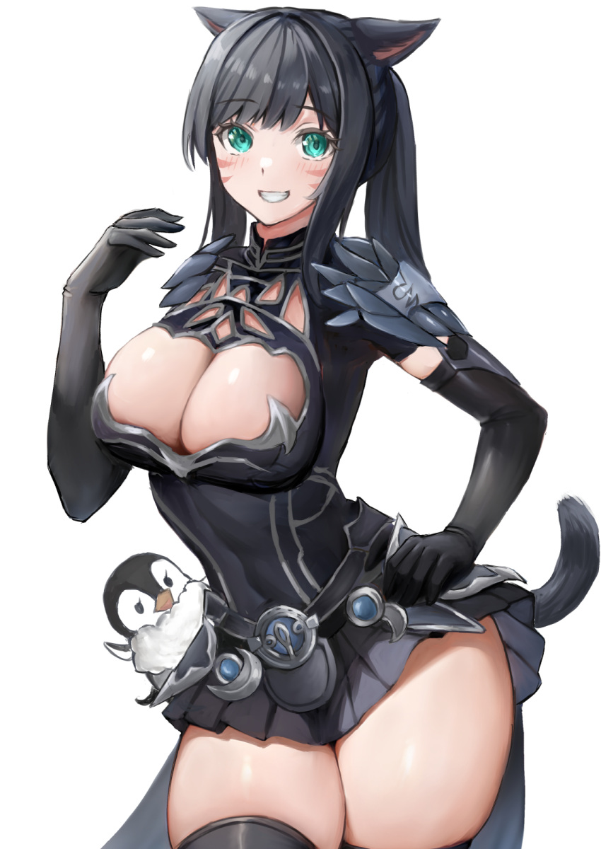 1girl animal_ears asymmetrical_bangs bird black_dress black_gloves black_hair black_skirt blush breast_cutout breasts cat_ears cat_girl cat_tail cleavage commission cowboy_shot dress elbow_gloves facial_mark final_fantasy final_fantasy_xiv gloves green_eyes hand_on_own_hip highres large_breasts long_hair looking_at_viewer miniskirt miqo'te parted_lips penguin pleated_skirt sidelocks simple_background skeb_commission skindentation skirt solo swept_bangs tail thighs torisanff14 warrior_of_light_(ff14) whisker_markings white_background