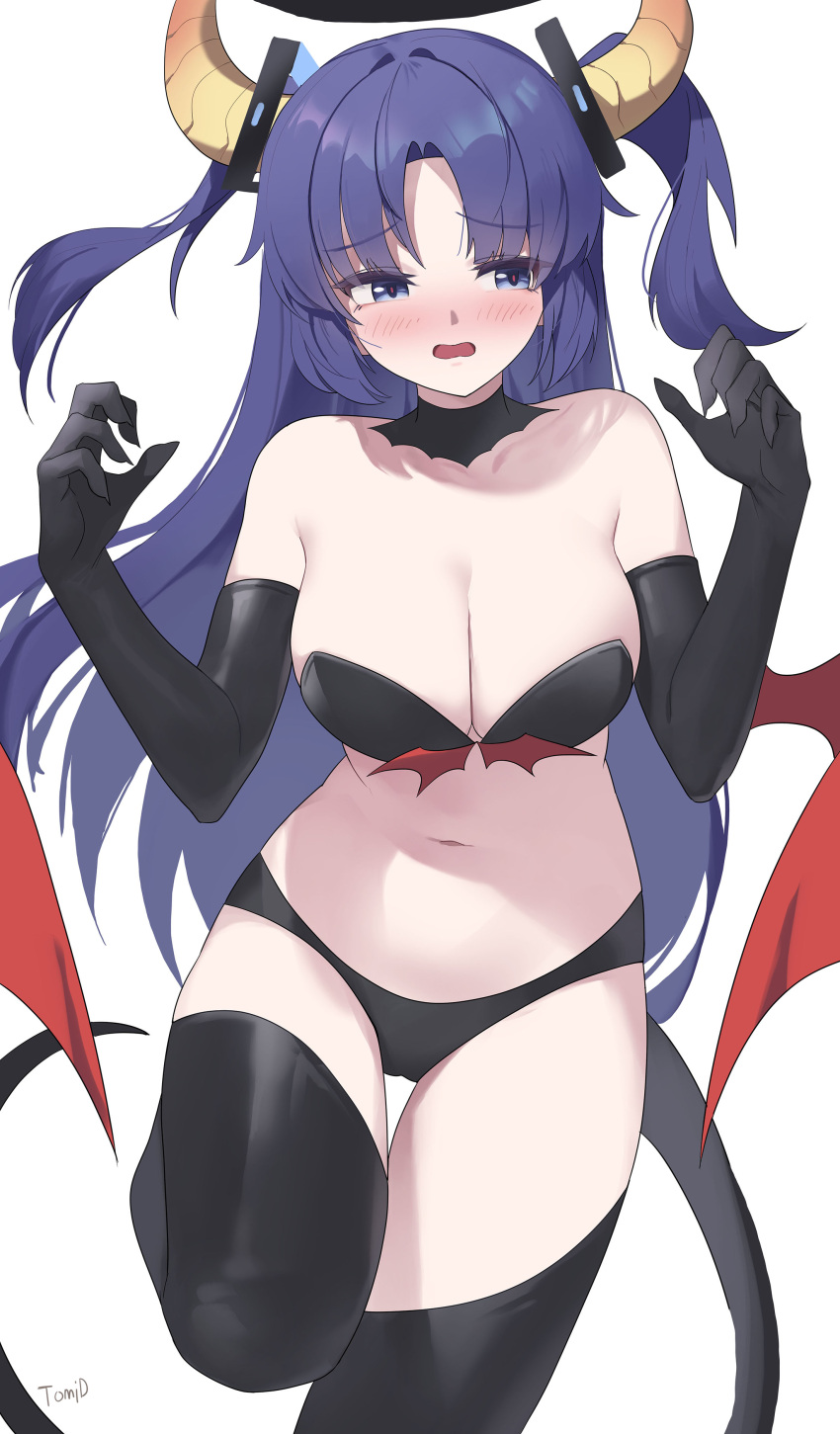 1girl absurdres alternate_costume armpit_crease artist_name averting_eyes bare_shoulders black_bra black_gloves black_panties black_thighhighs blue_archive blue_eyes blush bra breasts cleavage demon_horns demon_tail demon_wings detached_collar elbow_gloves gloves halo highres horns korean_commentary large_breasts navel nose_blush panties parted_bangs purple_hair red_pupils simple_background solo standing standing_on_one_leg stomach tail thighhighs tomid underwear white_background wings yuuka_(blue_archive)