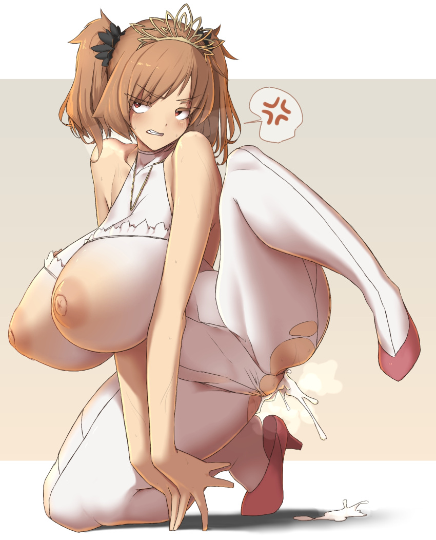 1girl after_sex anger_vein bare_shoulders breasts breasts_out bright_pupils brown_eyes brown_hair commentary_request cum cum_in_pussy full_body gradient_background high_heels highres huge_breasts jewelry leotard looking_at_viewer looking_to_the_side maki_(makino_momiji) makino_momiji_(artist) medium_hair necklace nipples original pantyhose race_queen red_footwear solo spoken_anger_vein teeth tiara torn_clothes torn_pantyhose two_side_up white_leotard white_pantyhose white_pupils