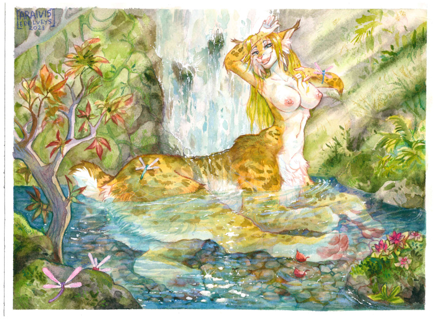 araivis-edelveys areola blue_eyes breasts chakat day detailed_background eyebrows eyelashes felid felid_taur female hi_res mammal mammal_taur nipples outside partially_submerged smile solo taur traditional_media_(artwork) waterfalls