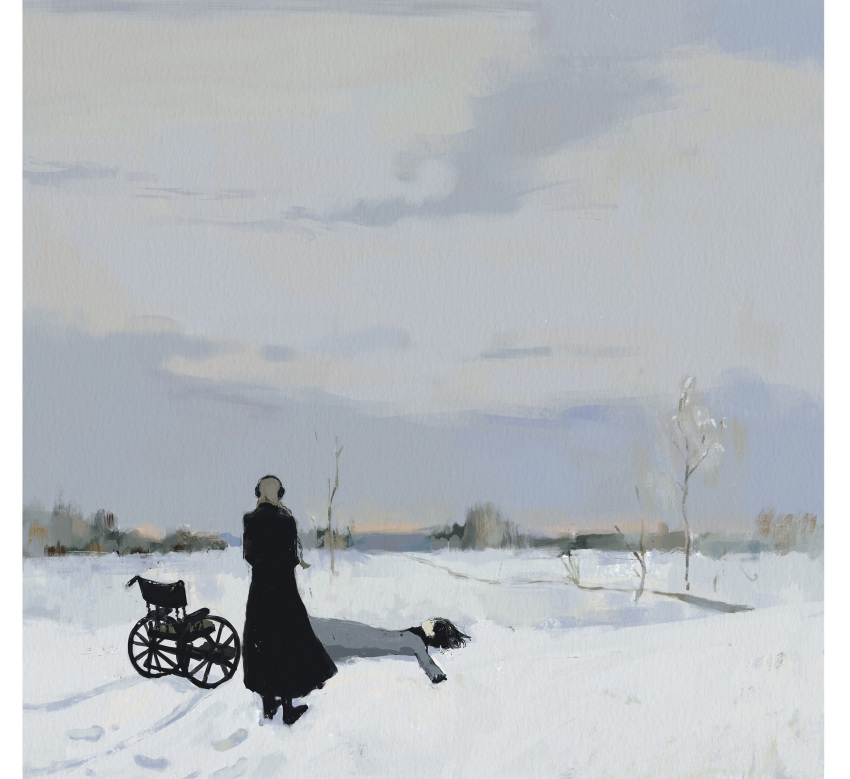 2girls black_coat black_hair brown_hair cloud cloudy_sky coat commentary day earmuffs footprints grey_coat highres horizon kgeroua long_sleeves lying multiple_girls on_back original outdoors painterly sky snow standing symbol-only_commentary tree wheelchair