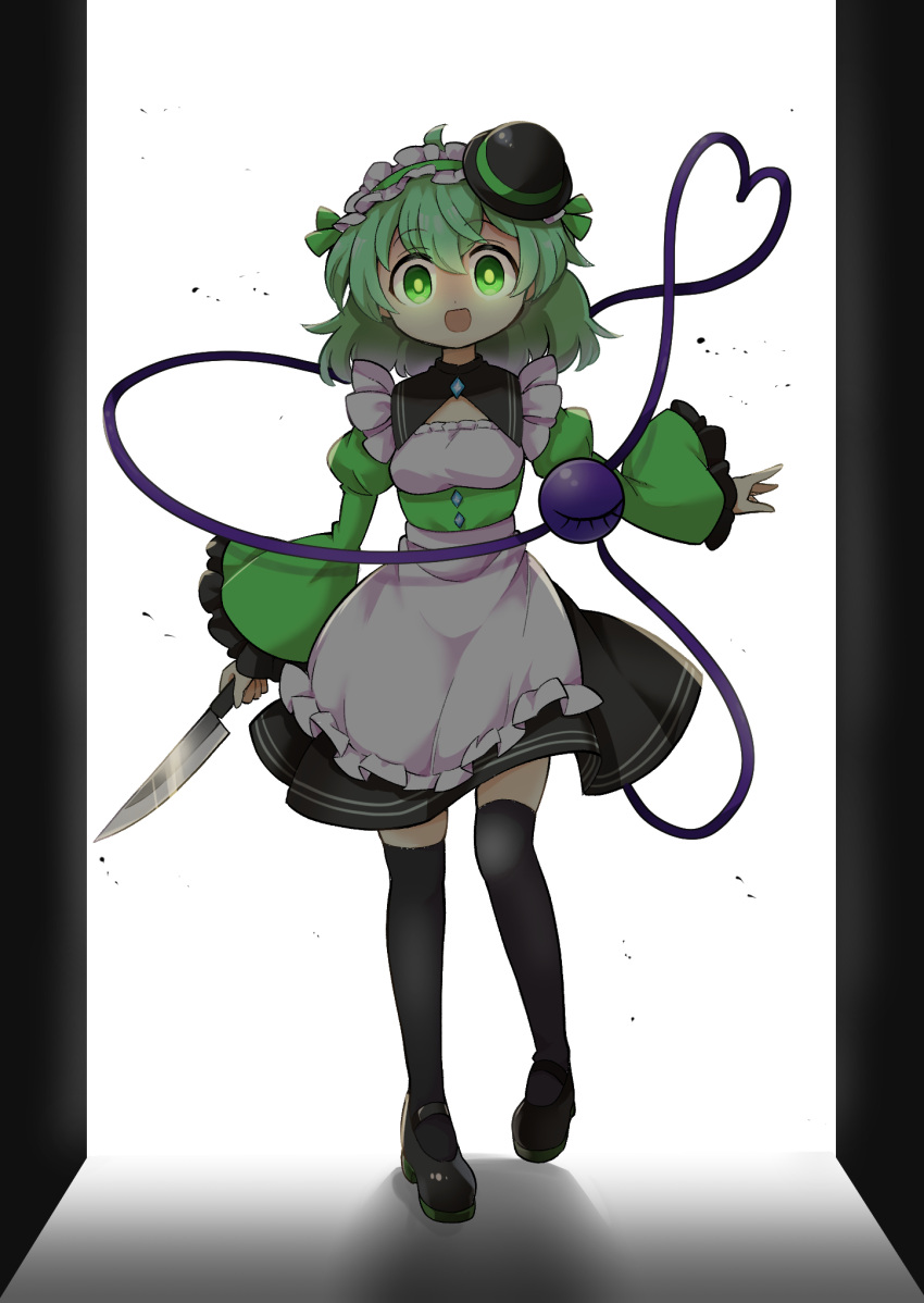 1girl apron black_footwear black_headwear black_skirt black_thighhighs crazy_smile frilled_apron frills full_body futa_(nabezoko) green_eyes green_hair green_shirt hair_between_eyes hat heart heart_of_string highres holding holding_knife juliet_sleeves knife komeiji_koishi long_sleeves open_mouth puffy_sleeves shirt shoes short_hair skirt solo thighhighs third_eye tilted_headwear touhou white_apron wide_sleeves