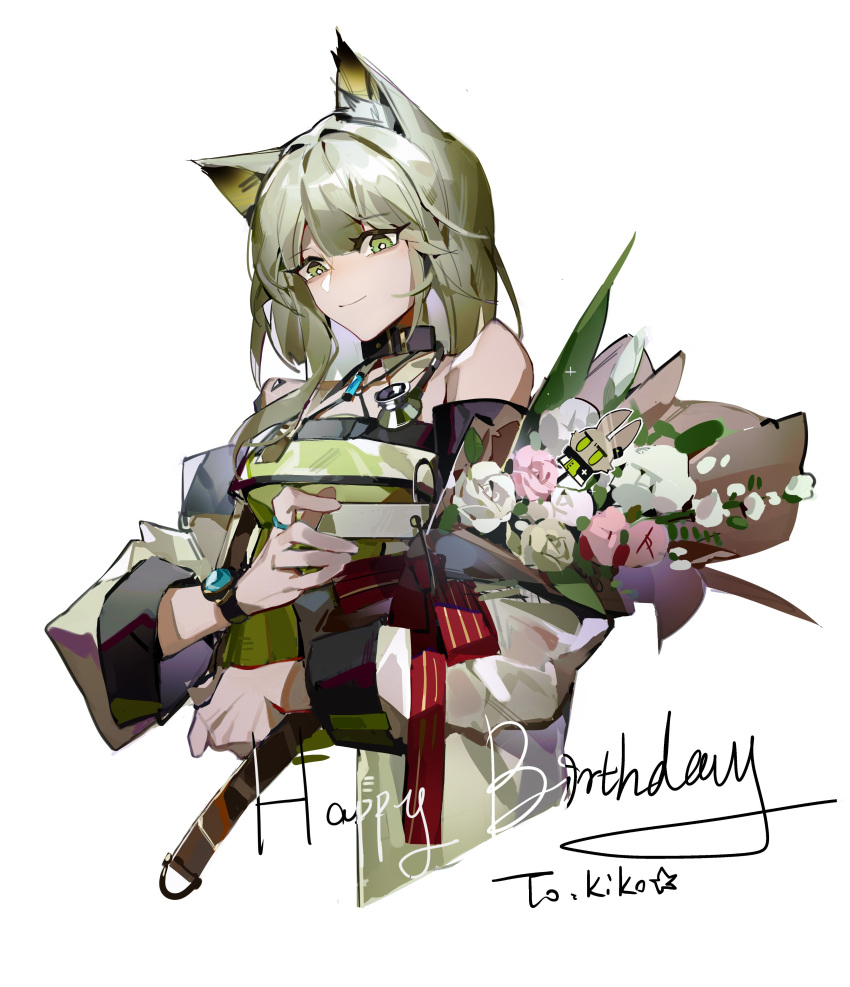 1girl absurdres animal_ear_fluff animal_ears arknights bare_shoulders bouquet breasts cat_ears cat_girl dress flower green_dress green_eyes green_hair happy_birthday highres holding holding_bouquet kal'tsit_(arknights) long_sleeves looking_at_viewer medium_hair off-shoulder_dress off_shoulder official_alternate_costume oripathy_lesion_(arknights) pink_flower rkt43v6e1aatxka simple_background small_breasts smile solo stethoscope sticker watch white_background white_flower wristwatch