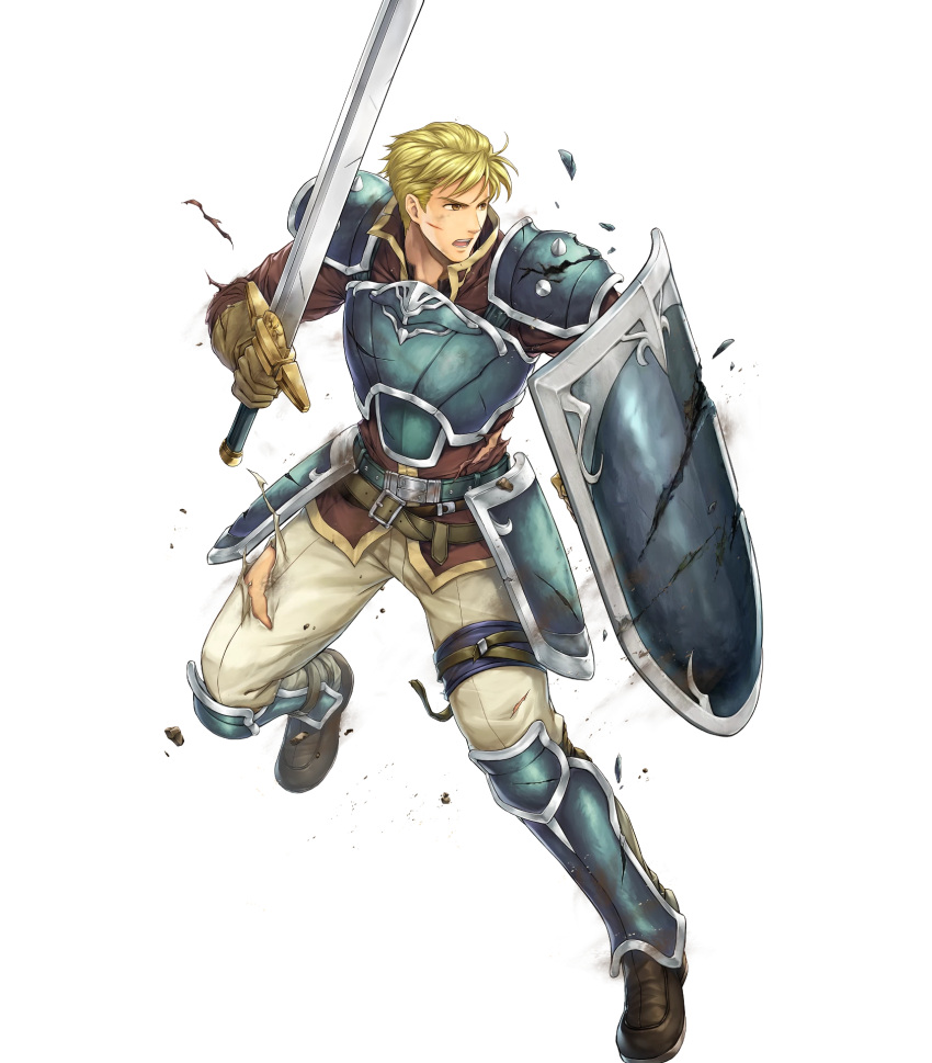 1boy armor blonde_hair brown_footwear damaged fire_emblem fire_emblem:_the_blazing_blade fire_emblem_heroes harken_(fire_emblem) highres holding holding_shield holding_sword holding_weapon male_focus non-web_source shield shin_guards shoulder_armor solo sword weapon yamada_koutarou