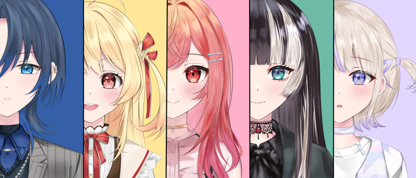 5girls absurdres ahoge black_hair blonde_hair blue_eyes blue_hair choker ear_piercing green_eyes grey_hair highres hijiriririn hiodoshi_ao hololive ichijou_ririka juufuutei_raden lace lace_choker long_hair mole mole_under_mouth multicolored_hair multiple_girls orange_eyes orange_hair otonose_kanade piercing portrait purple_eyes red_eyes regloss_(hololive) smile todoroki_hajime two-tone_hair virtual_youtuber