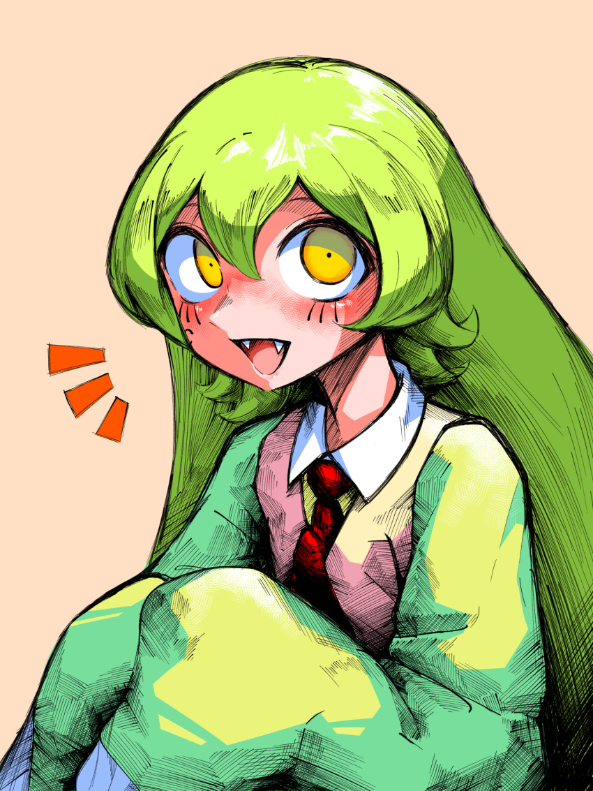 1girl :d aygoftenover brown_vest collared_shirt fangs green_hair green_sweater hair_between_eyes highres kfufu_(shy) long_hair necktie notice_lines orange_eyes red_necktie shirt shy_(series) sleeves_past_fingers sleeves_past_wrists smile solo sweater teeth upper_body upper_teeth_only vest white_shirt wide_sleeves