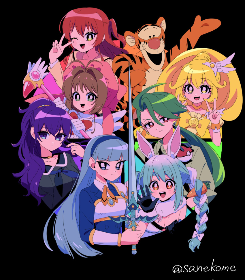 1990s_(style) 1boy 6+girls androgynous animal animal_ear_fluff animal_ears antenna_hair armor armored_dress asahina_mafuyu black_gloves black_necktie black_serafuku blonde_hair blue_eyes blue_gemstone blue_hair blue_hairband blunt_bangs blush bocchi_the_rock! bow braid breasts bright_pupils brown_hair cardcaptor_sakura carrot_hair_ornament choker collared_shirt color_coordination color_wheel color_wheel_challenge crossover cure_peace earrings food-themed_hair_ornament fur-trimmed_gloves fur_scarf fur_trim fuuin_no_tsue gem gloves green_eyes green_hair hair_ornament hairband high_ponytail highres holding holding_poke_ball holding_sword holding_wand holding_weapon hololive jewelry kinomoto_sakura kise_yayoi kita_ikuyo long_hair long_sleeves looking_at_viewer magic_knight_rayearth magical_girl miyamasuzaka_girls'_academy_school_uniform multicolored_hair multiple_crossover multiple_girls necktie one_side_up open_mouth orange_eyes pink_headwear poke_ball poke_ball_(basic) pokemon pokemon_(game) pokemon_sv ponytail precure project_sekai purple_eyes purple_hair rabbit_ears rabbit_girl rapier red_eyes red_hair retro_artstyle reverse_trap rika_(pokemon) ryuuzaki_umi sanekome school_uniform serafuku shirt short_eyebrows short_hair shuka_high_school_uniform small_breasts smile smile_precure! suspenders sword tail thick_eyebrows tiger tiger_ears tiger_stripes tiger_tail tigger toon_(style) twin_braids twintails two-tone_hair usada_pekora usada_pekora_(1st_costume) v virtual_youtuber wand weapon white_gloves white_hair white_pupils wide_ponytail winnie_the_pooh wrist_cuffs yellow_bow yellow_choker