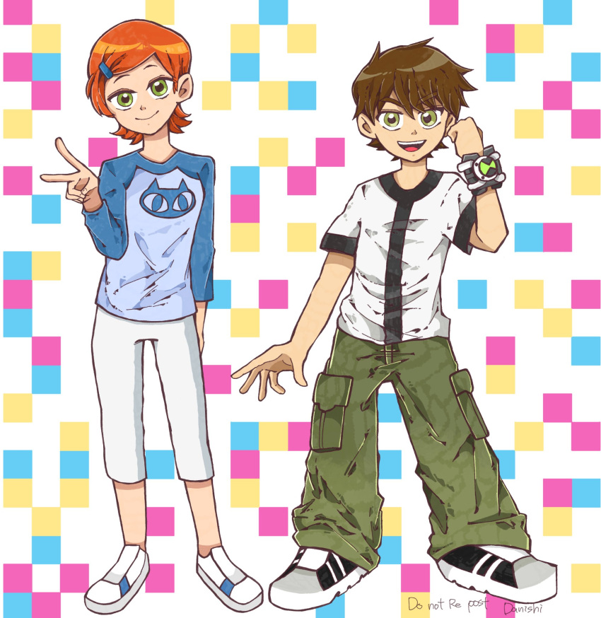 1boy 1girl artist_name ben_10 ben_tennyson brown_hair cargo_pants checkered_background clenched_hand commentary cousins danishi green_eyes green_pants gwen_tennyson highres omnitrix open_mouth orange_hair pants signature smile v v-shaped_eyebrows