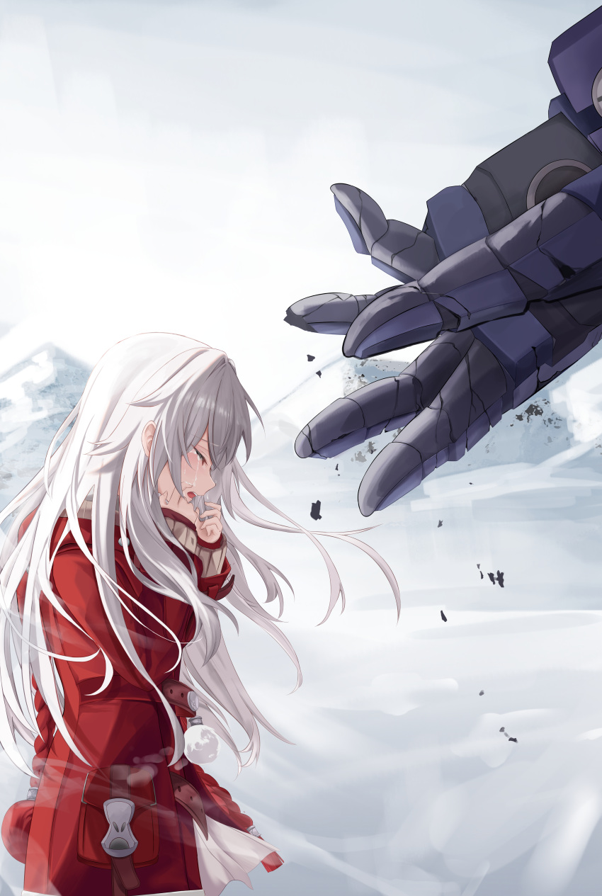 1boy 1girl absurdres belt clara_(honkai:_star_rail) closed_eyes finale highres honkai:_star_rail honkai_(series) jacket long_hair long_sleeves mountainous_horizon pouch red_jacket robot svarog_(honkai:_star_rail) tears white_hair wind winter wiping_tears