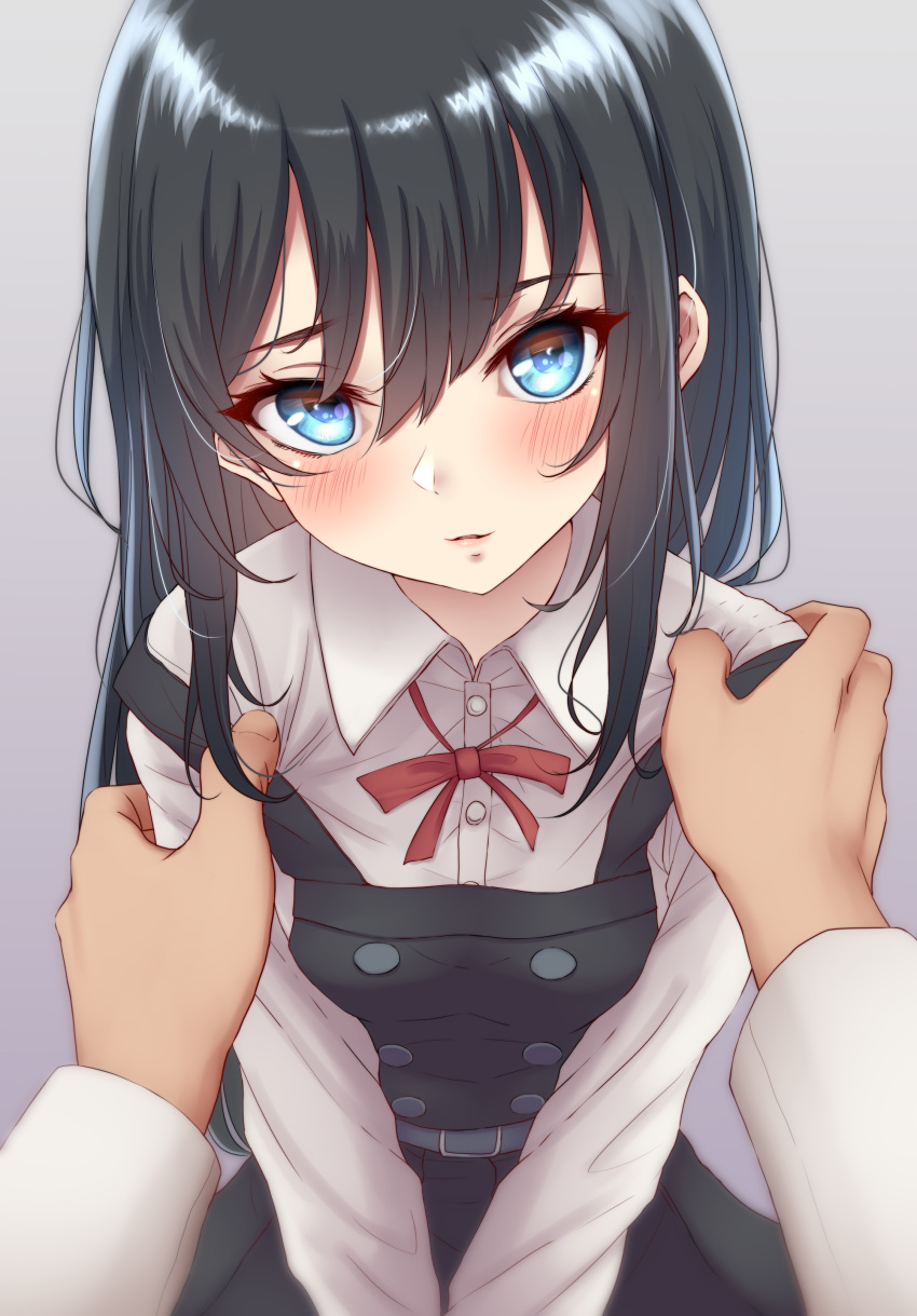 1boy 1girl absurdres admiral_(kancolle) asashio_(kancolle) asashio_kai_ni_(kancolle) black_hair blue_eyes blush breasts dress gradient_background grey_background highres kantai_collection lips long_hair long_sleeves looking_at_another neck_ribbon nuka_(nvkka) pinafore_dress red_ribbon ribbon school_uniform shirt small_breasts smile white_shirt