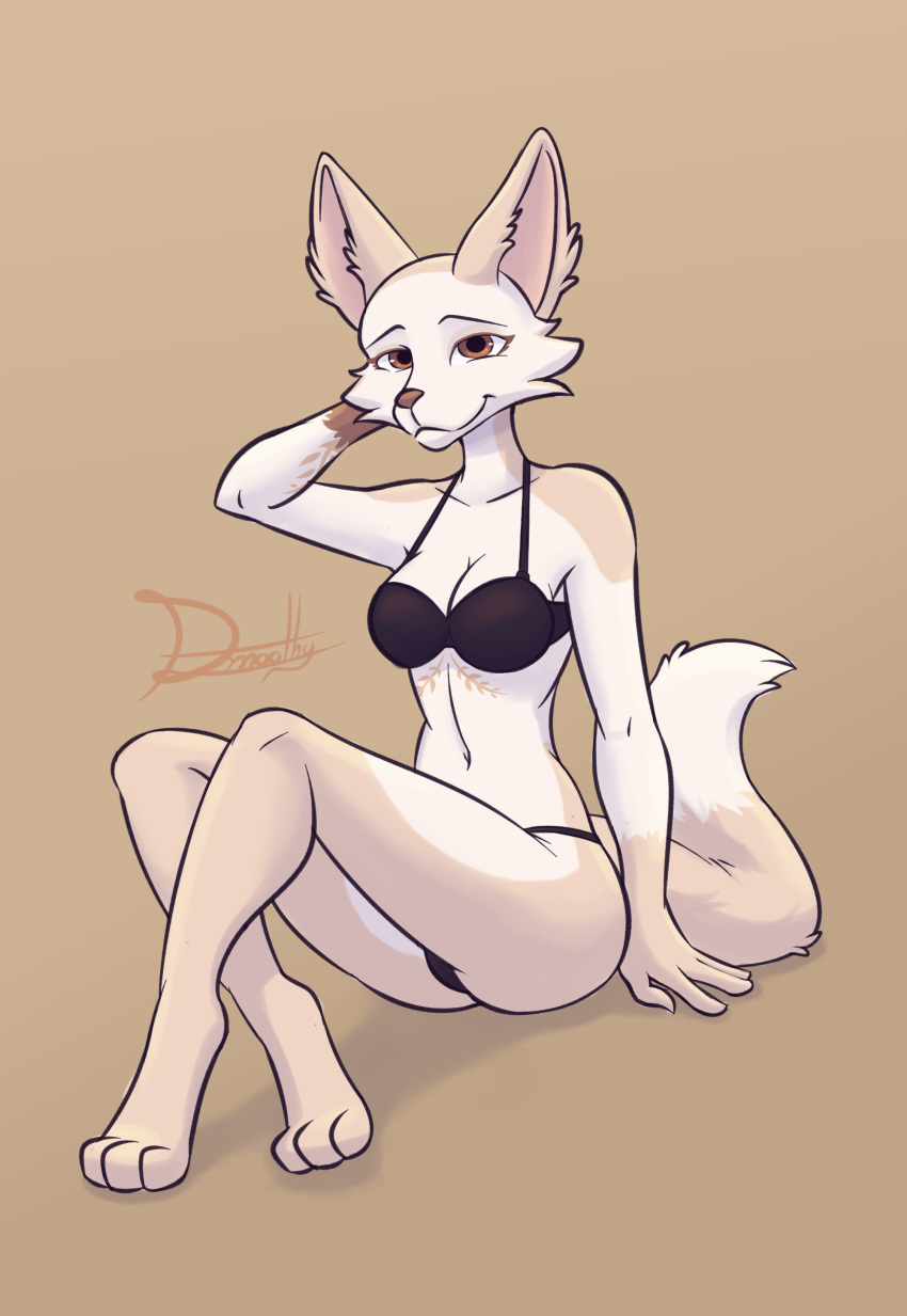 absurd_res anthro black_clothing black_cloting black_panties black_underwear bottomwear bra breasts canid canine cheek_tuft clothed clothing digital_media_(artwork) dipstick_tail facial_tuft fany_(foxdee) feet female fennec fingering fingers fox fur gloves_(marking) hand_on_head hi_res looking_at_viewer mammal markings narrowed_eyes panties shadow simple_background sitting smile smoothymilk smug smug_face solo tail tail_markings tattoo toes topwear tuft underwear wide_hips