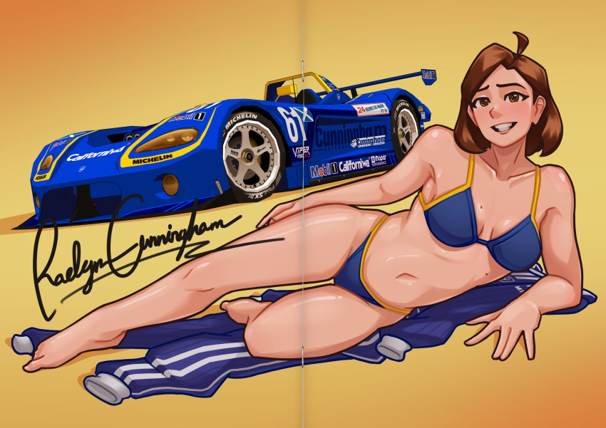 1girl 3d absurdres arhentol bikini blue_bikini blue_car blue_jacket blue_pants breasts breasts_apart brown_eyes brown_hair car character_name character_signature collarbone dodge_(company) dodge_viper fake_scan hair_behind_ear highres jacket looking_at_viewer lying lying_on_clothes medium_breasts mixed_media mole mole_on_breast motor_vehicle navel on_side original pants pants_removed parted_lips race_vehicle racecar raelyn_cunningham smile solo spoiler_(automobile) sweatpants swimsuit track_jacket yellow_background