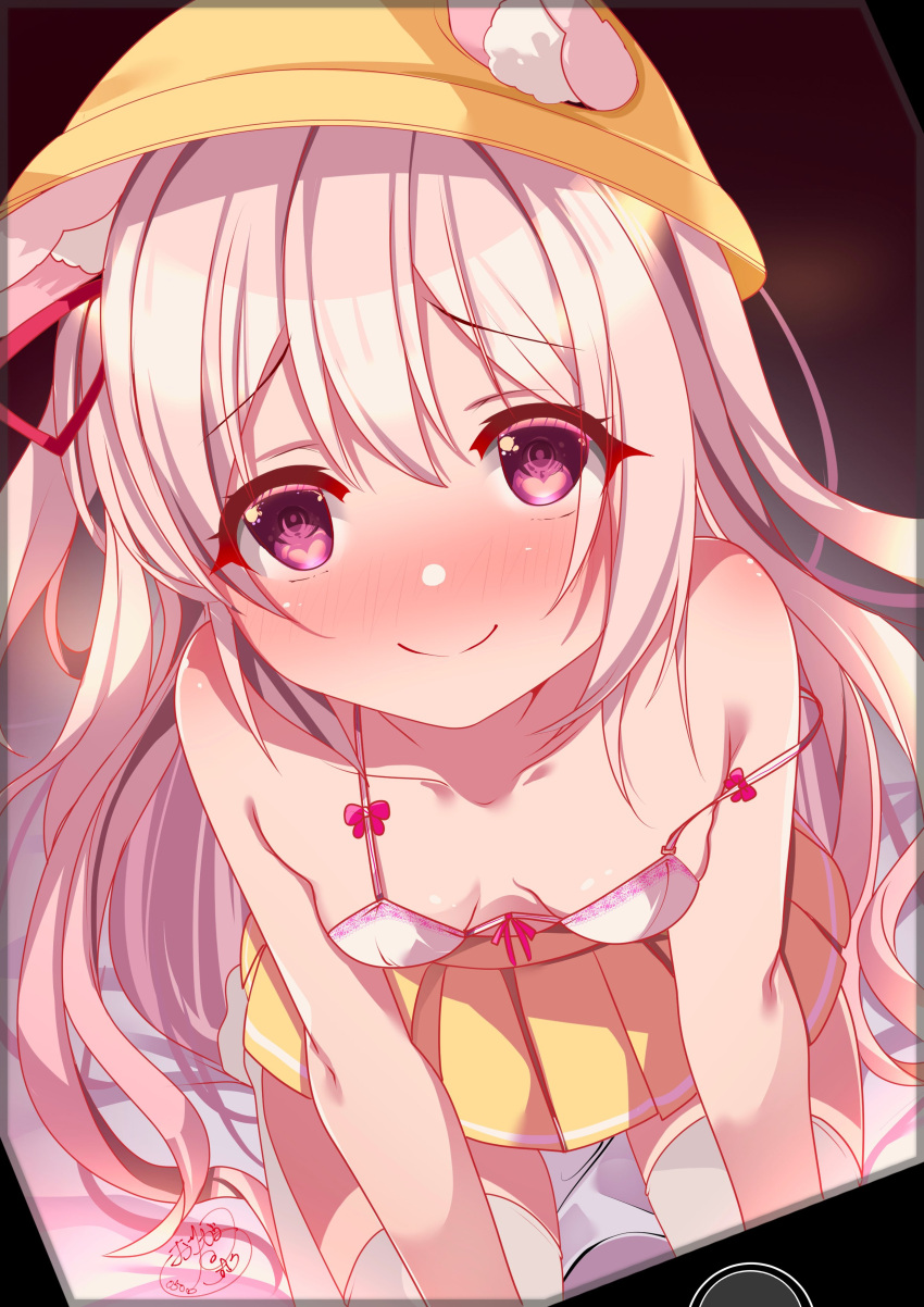 1girl absurdres aged_up all_fours animal_ear_fluff animal_ears azur_lane blush bra breasts cat_ears cat_girl closed_mouth collarbone commentary_request fake_phone_screenshot fake_screenshot hair_ribbon hat highres kisaragi_(azur_lane) long_hair looking_at_viewer miniskirt nose_blush origami_aya pink_hair pleated_skirt purple_eyes red_ribbon ribbon school_hat signature skirt small_breasts smile solo strap_slip thighhighs underwear white_bra white_thighhighs yellow_headwear yellow_skirt