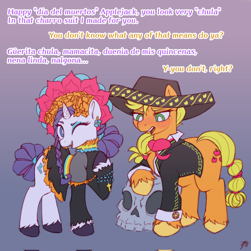 applejack_(mlp) blonde_hair calavera charro cross day_of_the_dead duo equid equine female female/female friendship_is_magic green_eyes hair hasbro hi_res horse mammal mexican mexico my_little_pony one_eye_closed pony purple_background rarity_(mlp) scarletrabbits simple_background upper_teeth