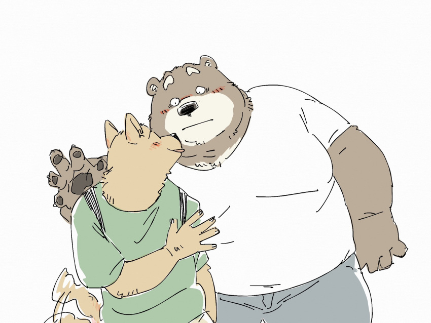 2023 anthro bear belly big_belly black_nose blush bottomwear brown_body canid canine canis clothing domestic_dog duo hi_res humanoid_hands kemono male mammal overweight overweight_male pants pommn_mn shirt surprise topwear