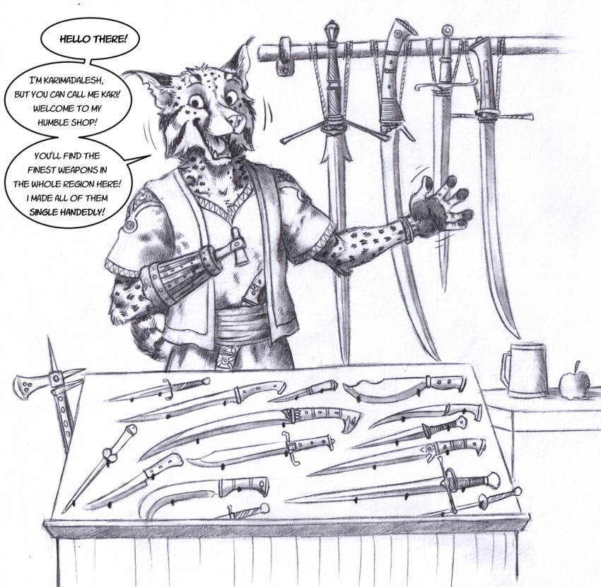 0laffson 5_fingers amputee anthro clothed clothing disability english_text fangs felid feline fingers fur greeting hi_res knife lynx male mammal melee_weapon monochrome open_mouth open_smile smile solo sword tail teeth text weapon