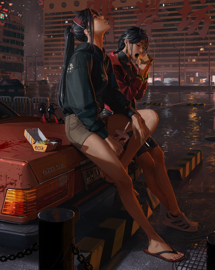 2girls black_hair black_jacket building city eating feet flip-flops food guweiz high_heels highres jacket leaning_against_vehicle legs multiple_girls original outdoors red_jacket sandals sandwich shoes sneakers toes vehicle_request wet_ground