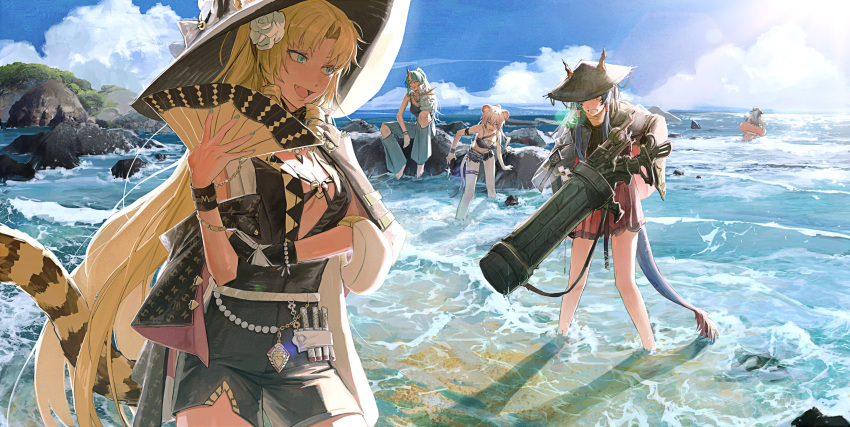 5girls absurdres animal_ears arknights barefoot beach black_shorts blonde_hair blue_eyes blue_hair breasts cannon ch'en_(arknights) character_request cleavage clenched_teeth closed_eyes cloud deatiose dragon_girl dragon_horns dragon_tail fang flower green_hair green_tank_top hair_flower hair_ornament hand_fan hat highres holding holding_weapon horns horns_through_headwear hoshiguma_(arknights) innertube jacket jacket_on_shoulders jewelry knee_cutout large_breasts lin_(arknights) long_hair looking_to_the_side mouse_ears mouse_girl multiple_girls necklace oni oni_horns outdoors pleated_skirt ponytail red_eyes rice_hat rock sand shore shorts single_horn sitting skin-covered_horns skirt sky standing sun_hat swire_(arknights) tail tank_top teeth thighlet tiger_ears tiger_girl tiger_tail water waves weapon wristband