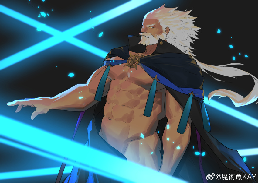 1boy abs absurdres bara bare_pectorals beard cloak dark-skinned_male dark_skin facial_hair fate/grand_order fate_(series) feet_out_of_frame from_side highres hunterkay large_pectorals light_particles long_hair male_focus mature_male muscular muscular_male naked_cloak navel nipples noble_phantasm_(fate) pectorals photokinesis profile ptolemy_(fate) revealing_clothes solo stomach strongman_waist thick_beard thick_mustache thick_thighs thighs very_long_hair