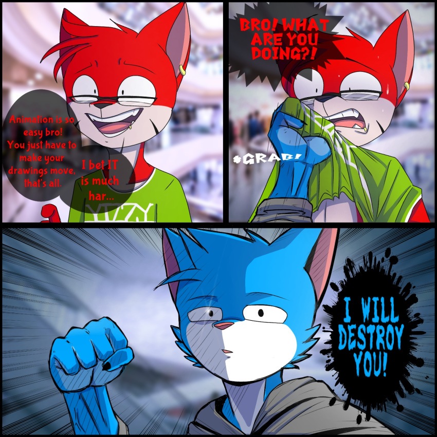 3_panel_comic anthro blue_body blue_fur blurred_background cheek_tuft clothing dialogue domestic_cat duo english_text eyewear facial_tuft fangs felid feline felis fur glasses grey_body grey_fur half-closed_eyes hi_res hoodie humor imminent_punch jay-r jay-r_(character) male mammal multicolored_body multicolored_fur narrowed_eyes open_mouth open_smile red_body red_fur shirt_grab simple_background smile sound_effects speech_bubble teeth text topwear tuft two_tone_body two_tone_fur white_body white_fur wide_eyed