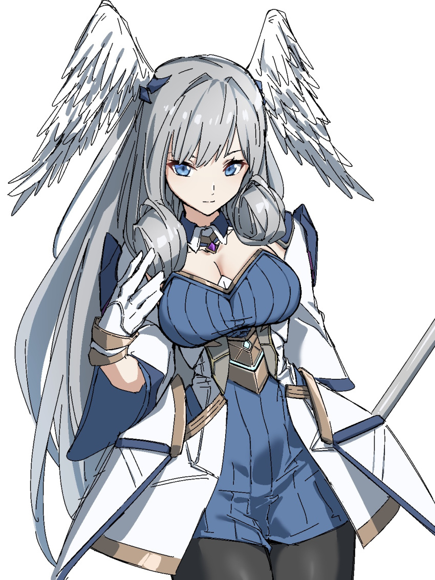 1girl blue_dress blue_eyes breasts cleavage curly_hair detached_collar dress expressionless gloves grey_hair hand_on_own_chest highres jacket kame_0_0_kame large_breasts long_hair looking_at_viewer melia_antiqua pantyhose ribbed_dress solo staff white_background white_gloves white_jacket xenoblade_chronicles_(series) xenoblade_chronicles_3