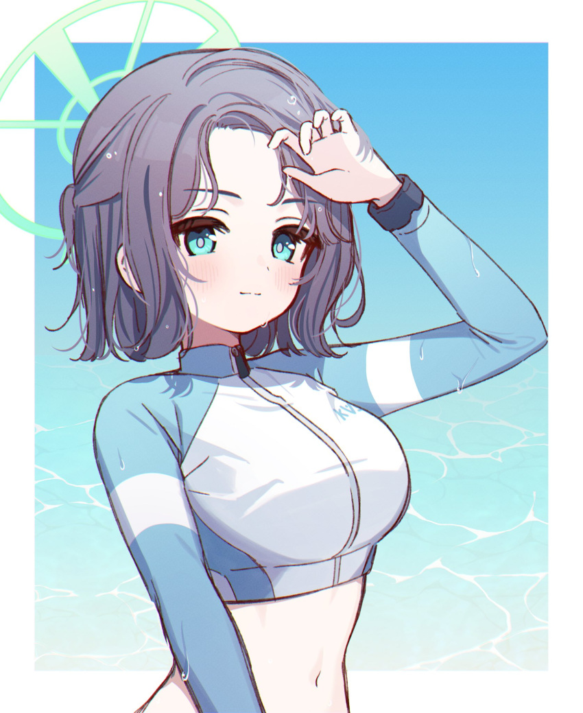 1girl aqua_eyes blue_archive blue_shirt blush bodysuit border breasts commentary crop_top diving_suit forehead green_halo halo hand_up highres large_breasts light_smile long_sleeves looking_at_viewer midriff multicolored_clothes navel ocean official_alternate_costume purple_hair raglan_sleeves rash_guard saki_(blue_archive) shirt short_hair solo sorakuu stomach upper_body watch wet wet_face wet_hair wetsuit white_border white_shirt wristwatch