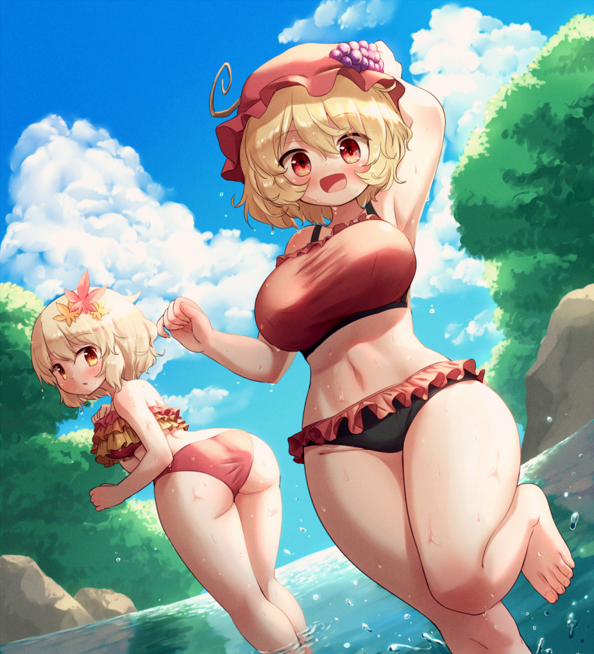 2girls :d aki_minoriko aki_shizuha arinu ass bikini blonde_hair blue_sky blush breasts cloud commentary_request food frilled_bikini frills fruit grapes hair_ornament hat highres large_breasts leaf_hair_ornament looking_at_viewer mob_cap multiple_girls open_mouth outdoors red_bikini red_eyes red_headwear siblings sisters sky smile swimsuit touhou wading