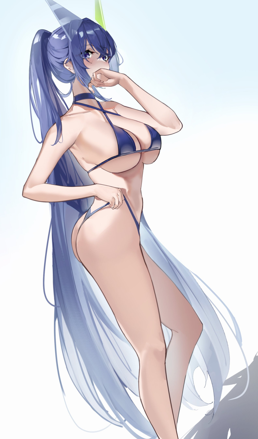 1girl absurdres ass azur_lane bikini bikini_pull blue_bikini blue_eyes blue_hair blush breasts clothes_pull commentary covering_mouth crossed_bangs dutch_angle feet_out_of_frame gradient_background highleg highleg_bikini highres large_breasts long_hair maanu new_jersey_(azur_lane) ponytail sidelocks solo standing swimsuit very_long_hair