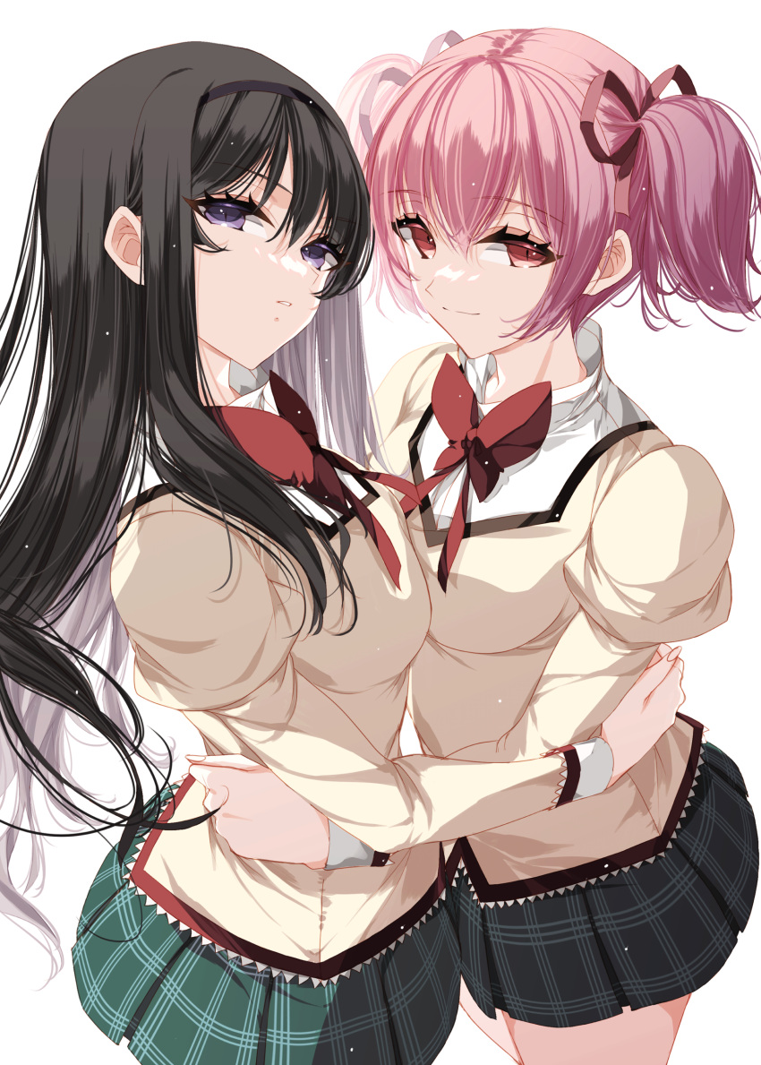 2girls absurdres akemi_homura black_hair bow bowtie breasts hairband highres hug kaname_madoka long_hair looking_at_viewer mahou_shoujo_madoka_magica medium_breasts misteor mitakihara_school_uniform multiple_girls pink_eyes pink_hair plaid plaid_skirt purple_eyes red_bow red_eyes red_ribbon ribbon school_uniform simple_background skirt smile white_background