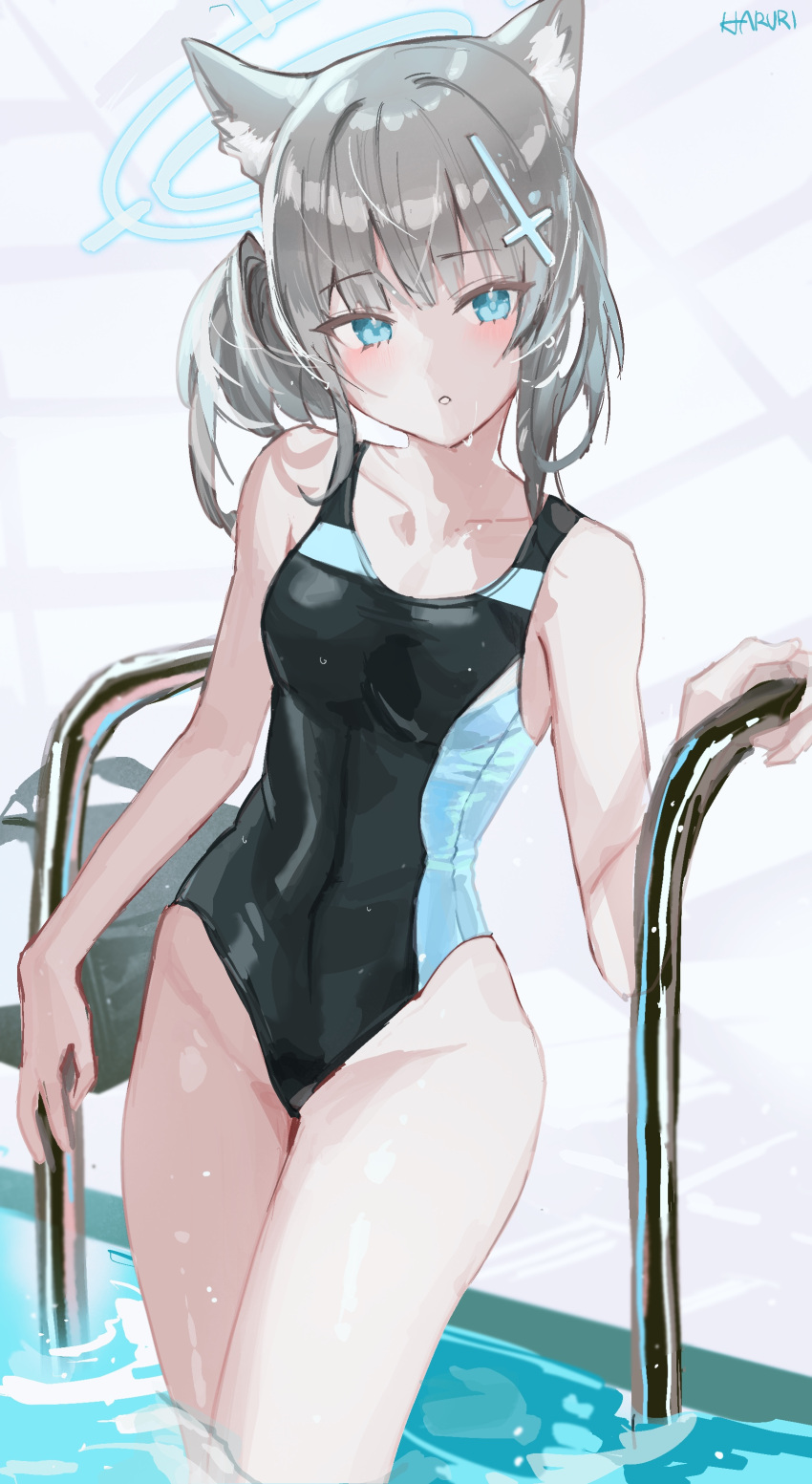 1girl :o absurdres animal_ear_fluff animal_ears bare_arms bare_shoulders black_one-piece_swimsuit blue_archive blue_eyes blush collarbone commentary_request covered_navel grey_hair groin hair_ornament halo hand_up haruri highres looking_at_viewer one-piece_swimsuit parted_lips shiroko_(blue_archive) shiroko_(swimsuit)_(blue_archive) signature solo standing swimsuit water